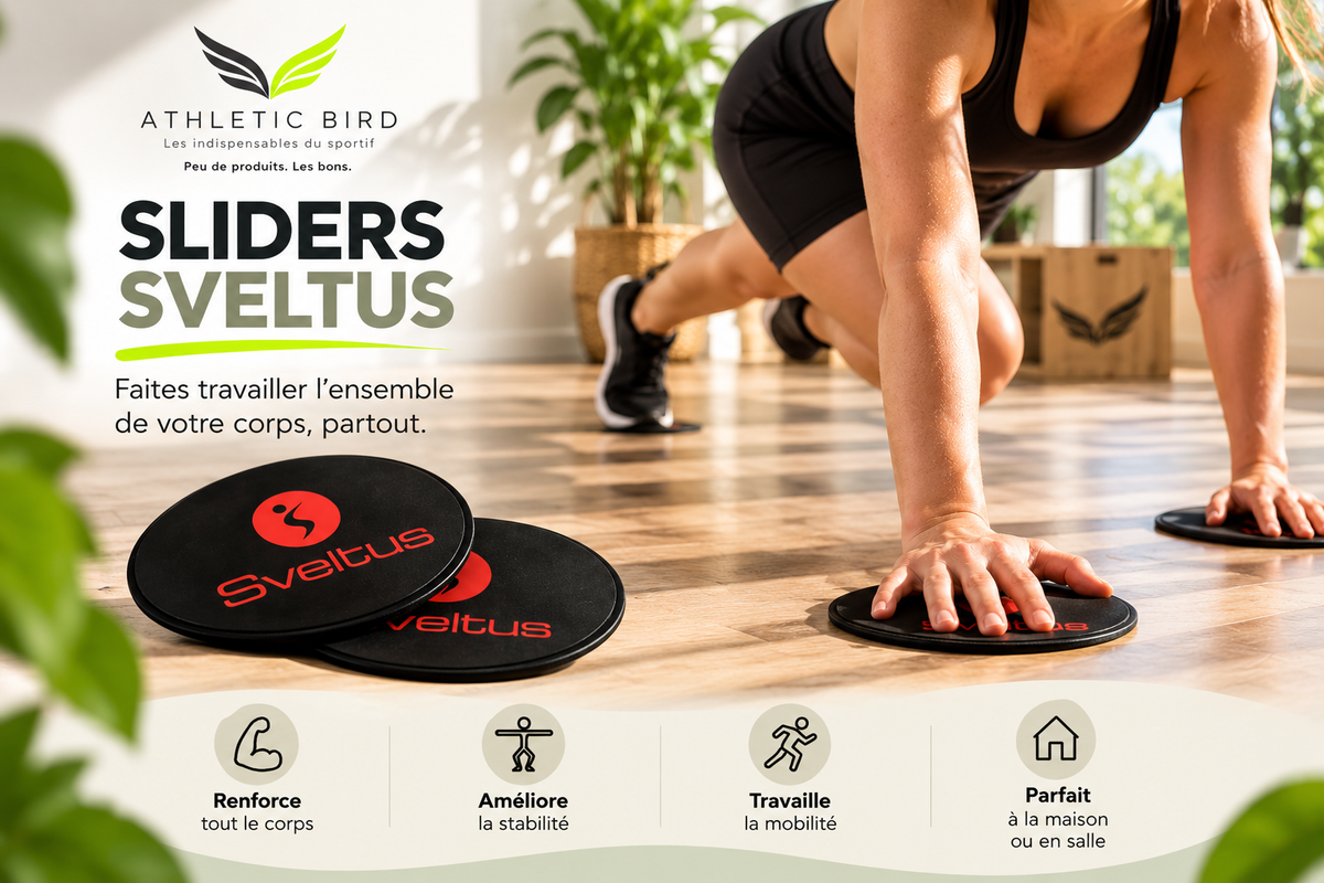 Exercice dynamique avec sliders Sveltus pour travailler le gainage, la coordination et la stabilité.