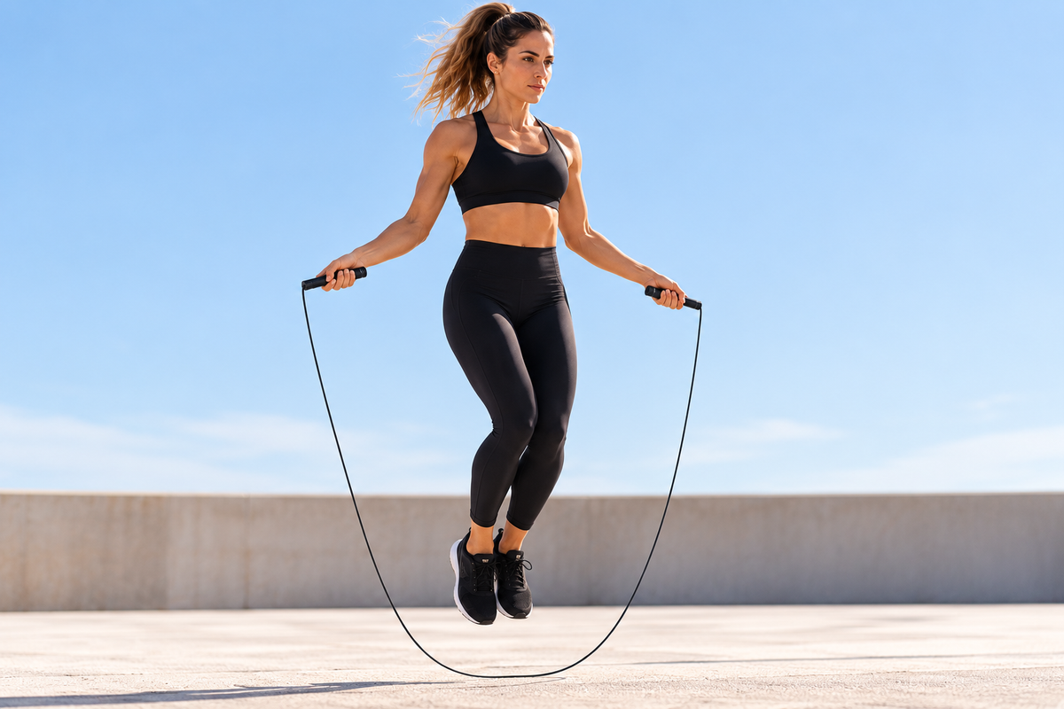 Corde à sauter Entraînement FIT’ & RACK utilisée en extérieur lors d’un exercice de saut et de coordination.