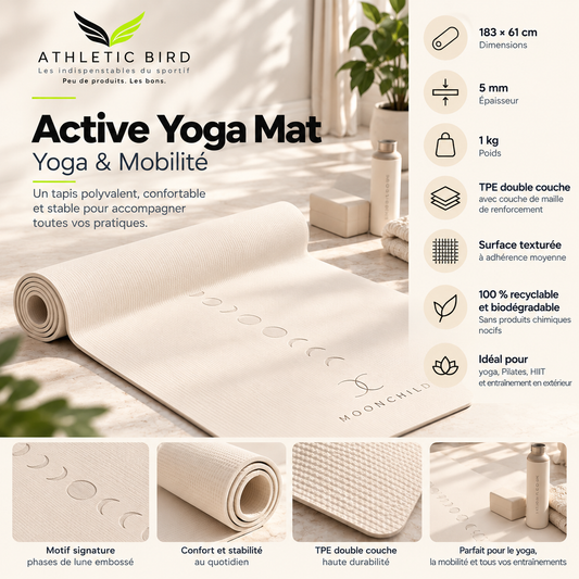 Active Yoga Mat Moonchild coloris Cream, tapis de yoga 183 × 61 cm et 5 mm d’épaisseur en TPE double couche.