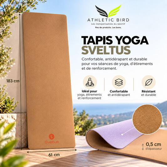 Tapis de yoga Sveltus en liège, dimensions 183 × 61 cm et 0,5 cm d’épaisseur, présenté dans l’univers Athletic Bird