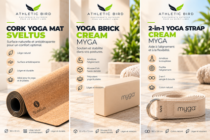 Sangle Yoga Strap Cream MYGA utilisée lors d’un exercice d’étirement des jambes sur le tapis en liège Sveltus, pour travailler progressivement la souplesse et la mobilité.