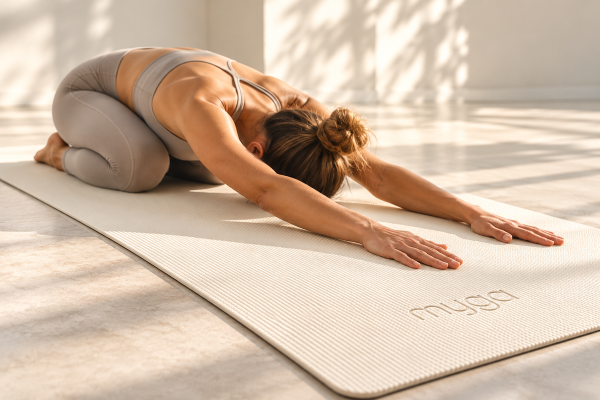 Sportive réalisant une posture de yoga sur le tapis Myga crème antidérapant dans un intérieur lumineux.